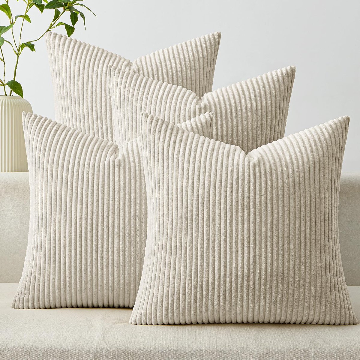 Set van 4 kussenslopen, 50 x 50 cm, corduroy, zachte gestreepte bankkussens, sierkussenhoes voor woonkamer, bed, bank, crème