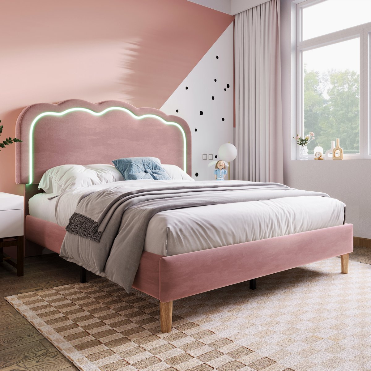 Gestoffeerd bed 140x200 cm - Met ledverlichting, eenpersoonsbed 90x190 cm, bedframe met lattenbodem en verstelbaar hoofdeinde, gestoffeerd bed in roze, bedframe voor een kinderbed in de slaapkamer of logeerkamer - fluweel