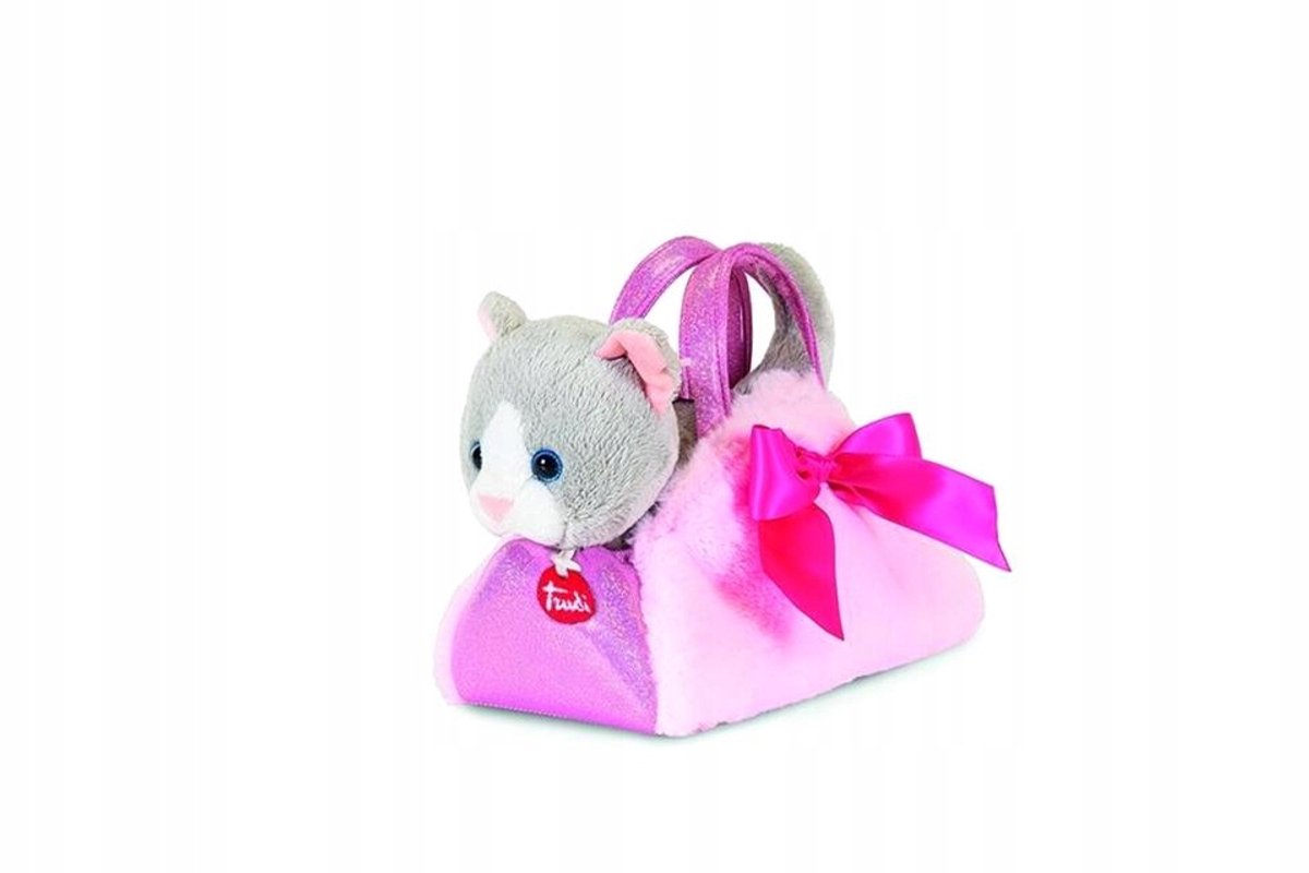Trudi - fashion bags knuffel katje in tas 20 cm - handgemaakt in italië - pluche knuffel - knuffeldier voor jongens en meisjes - wit/blauw - 17x20x11 cm maat xs