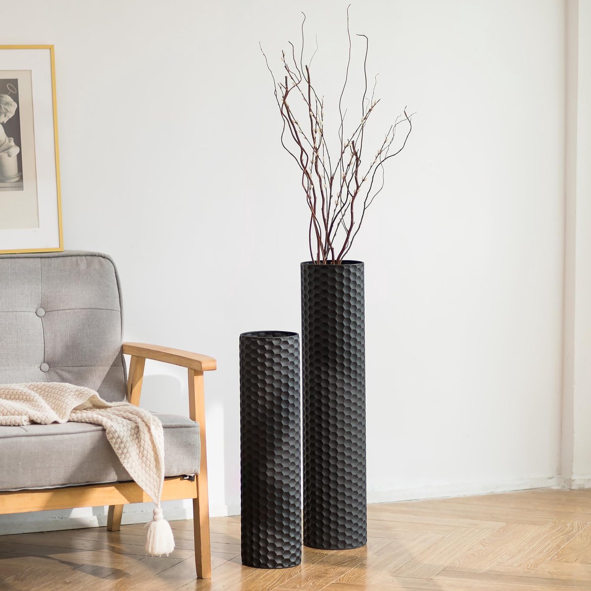 Vaas met hoge vloer: 27,6/55,1 cm metalen cilindervazen extra grote decoratieve vaas, set van 2 woonkamer, moderne honingraatstructuur, grote staande vaas voor eetkamer, slaapkamer