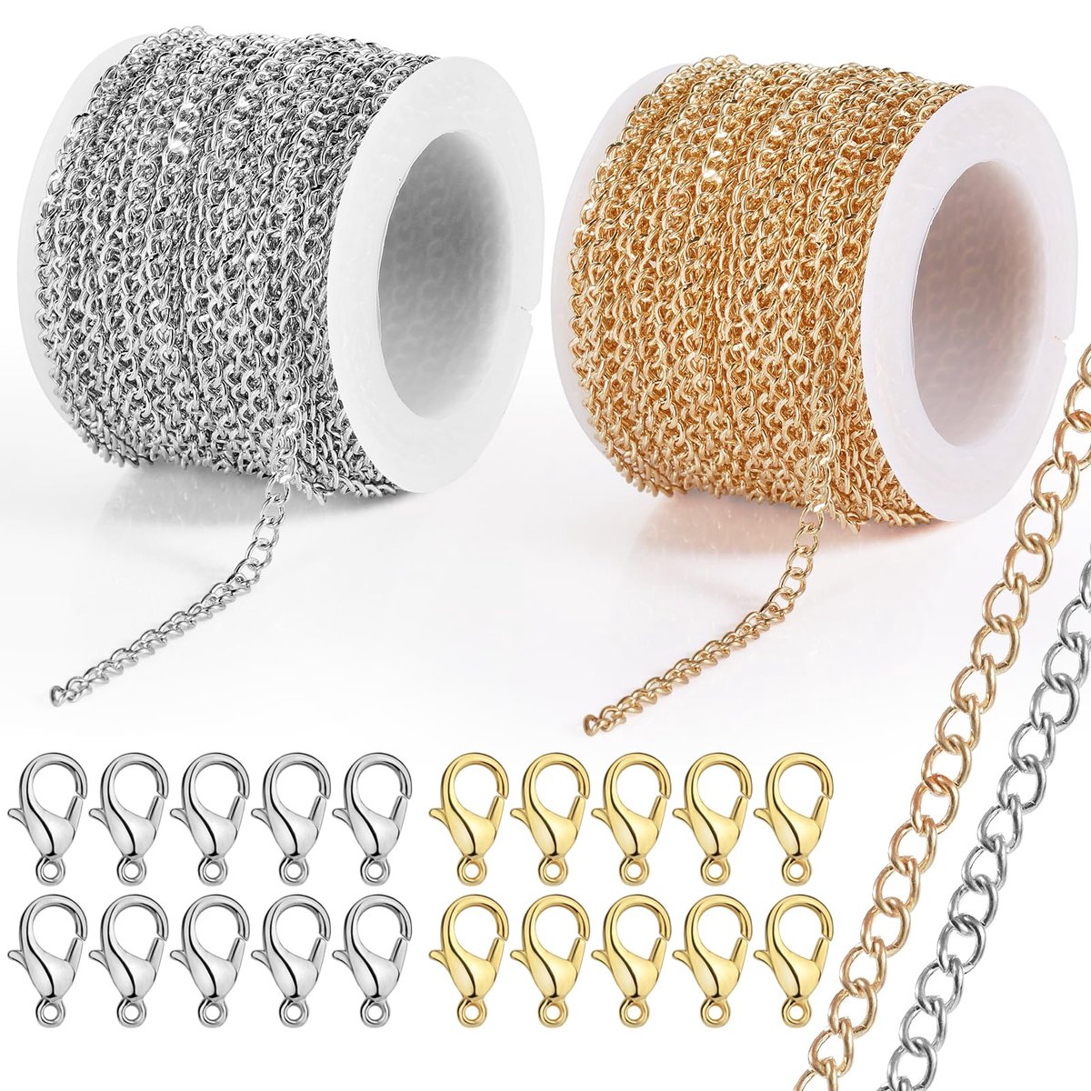 Ketting per Meter, Schakelketting Bevat 20 Karabijnvergrendeling, Ketting Voor Knutselen, Niet Gemakkelijk Uit te Bleken, Ketting Voor Sieraden DIY (Goud En Zilve