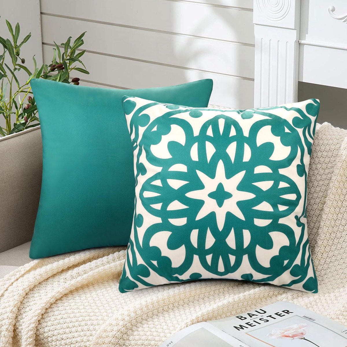 2-delige set Kussenhoezen 45x45 cm Kussenhoezen Waterblauw Samt Kussenhoes Zacht Gezellig Kussenovertrekken Deko Kussenhoezen Modern Mandala Patroon Sierkussenhoes Dekokussen Sofakussen voor Sofa