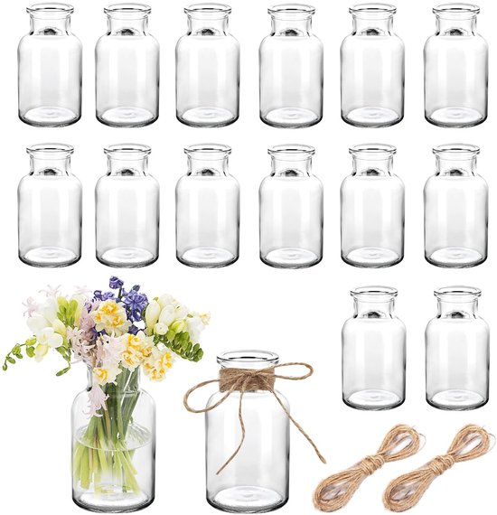 vazen, 16 stuks, 10 cm hoog, 125 ml, mini-glazen vazen, set bloemenvazen met 20 m jute koord voor bruiloft, keuken, eetkamer, woonkamer, badkamer, verjaardag, feest, tafeldecoratie