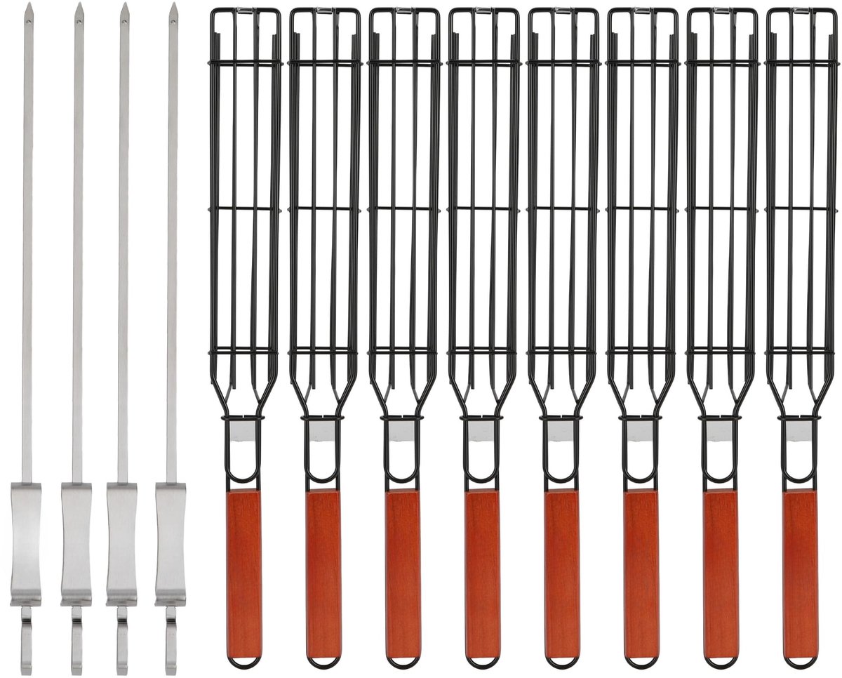 – Kebab grill basket set 4-delig – Non-stick BBQ manden met houten handgrepen en 2 roestvrijstalen spiesen – Herbruikbare grilltools 43 cm