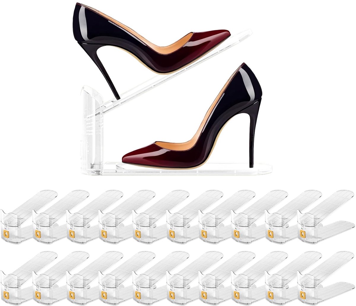 Organisator Opslag Schoen Stapel Ruimtebesparend Verstelbaar Schoenenrek Houders Opslag Organisatoren voor Mannen Vrouwen Dubbellaagse Schoenhouder 20-Pack, Transparant