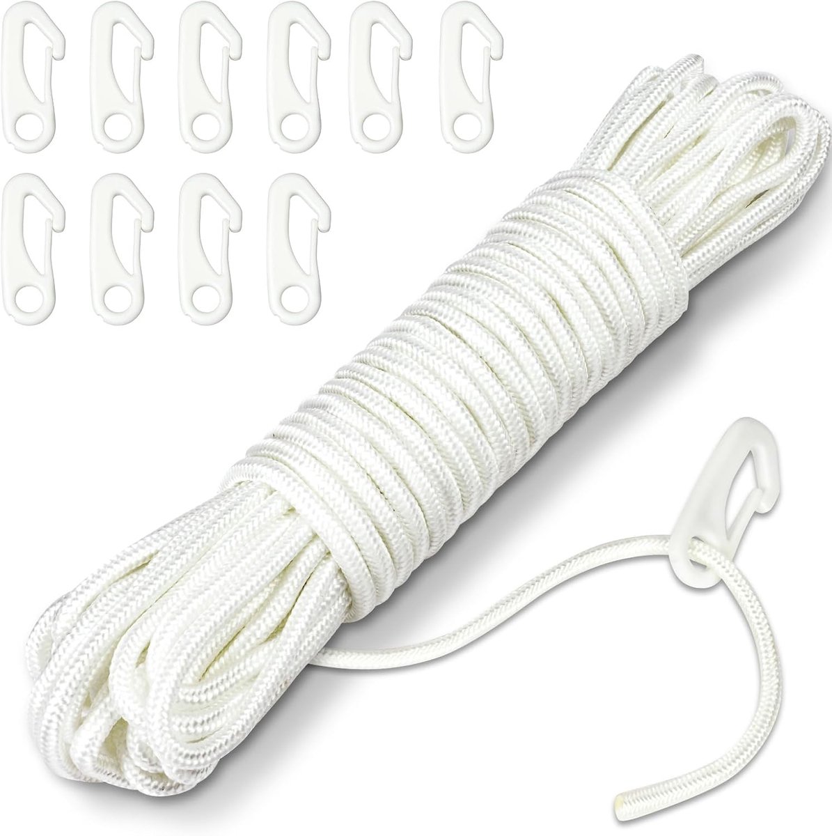 15 m vlaggenmastouw met 10 stuks vlaggenstokclips, 6 mm dik nylon vlaggetouw, witte vlaggenlijn, vlaggenmast, halyard touwkit voor buiten, schommel, tuin, camping (wit)