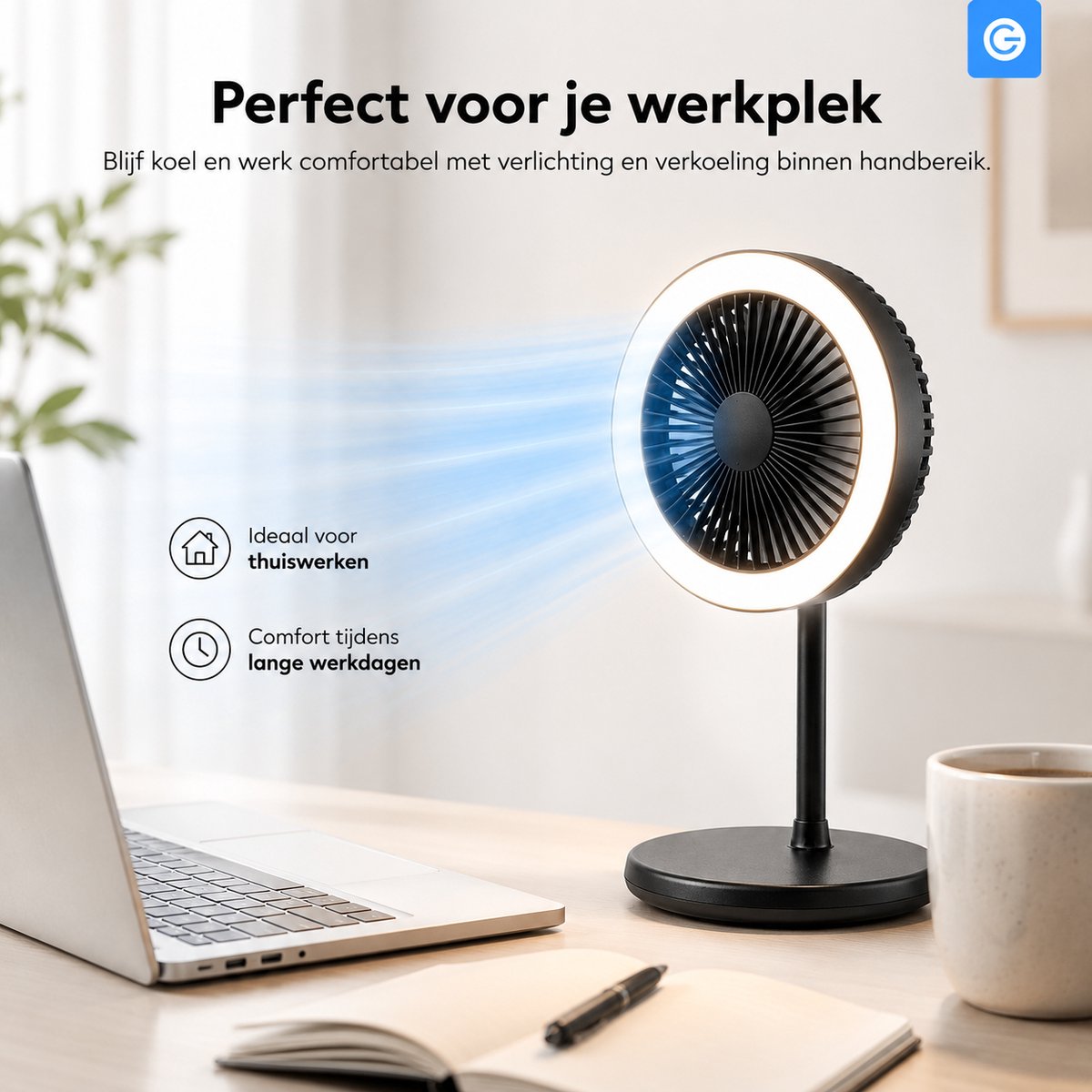 Tafelventilator met LED Licht - Bureauventilator met Verlichting - 3 Snelheden - Statief Ventilator met Flexibele Kop - Fan with LED Light - Mini Fan - Ventilator Staand met Draad - Desk Ventilator - Kleine Airco Verkoeler - Zwart - Sivlergear — afbeelding 3