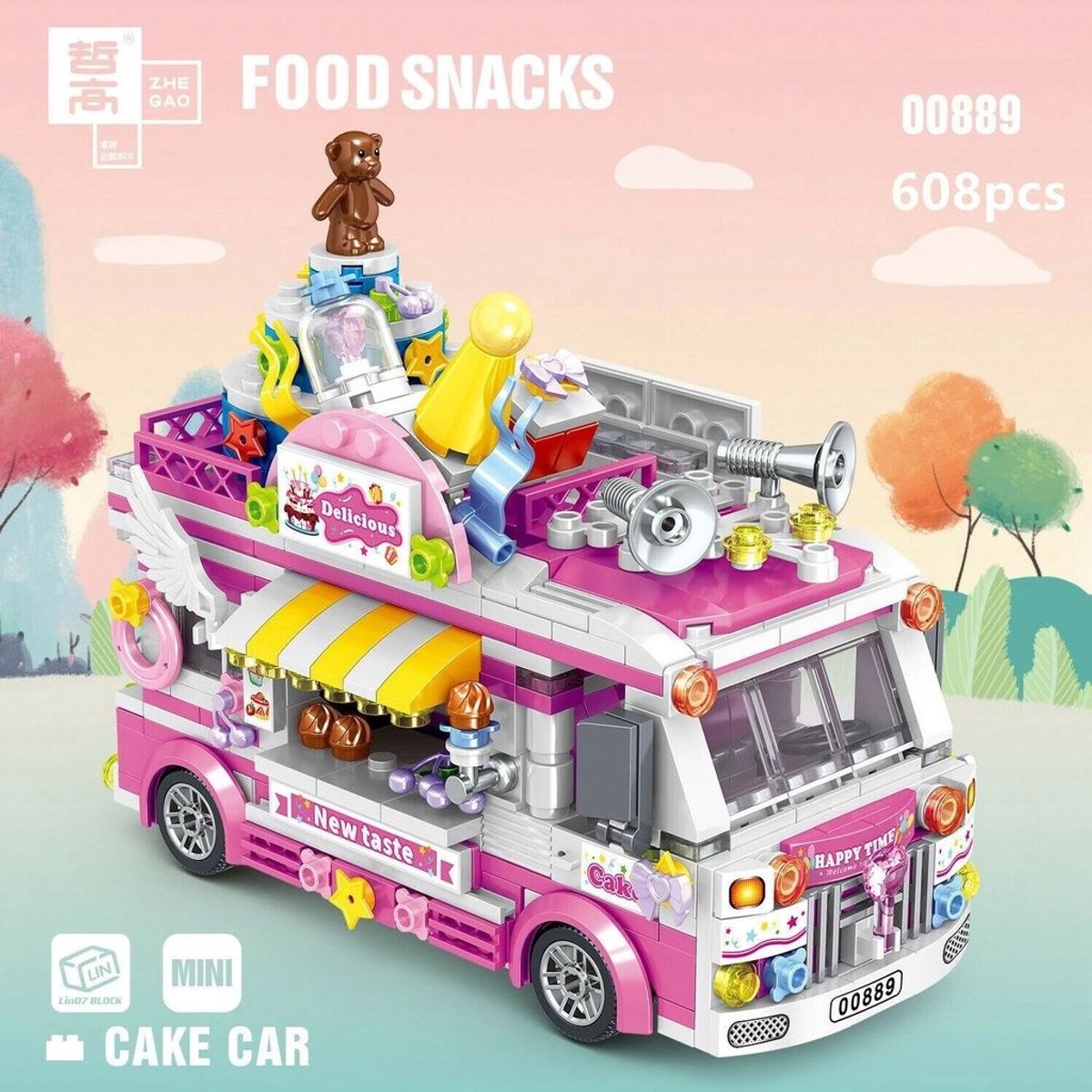 Zhe Gao 00889 Cake truck bouwset | City & friends Adventure | Classic Creator STEM speelgoed knutselen meisjes bouwpakket | Kermis & Pretpark Auto Foodtruck modelbouw voor kinderen & volwassenen | niet geschikt voor Lego | Bouwdoos met 608 bouwstenen — afbeelding 5