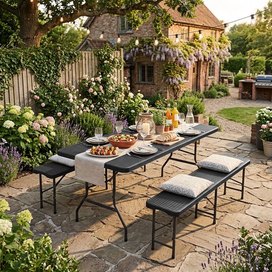 Zwarte inklapbare picknicktafel met twee banken in een tuin met bloemen en een huis.