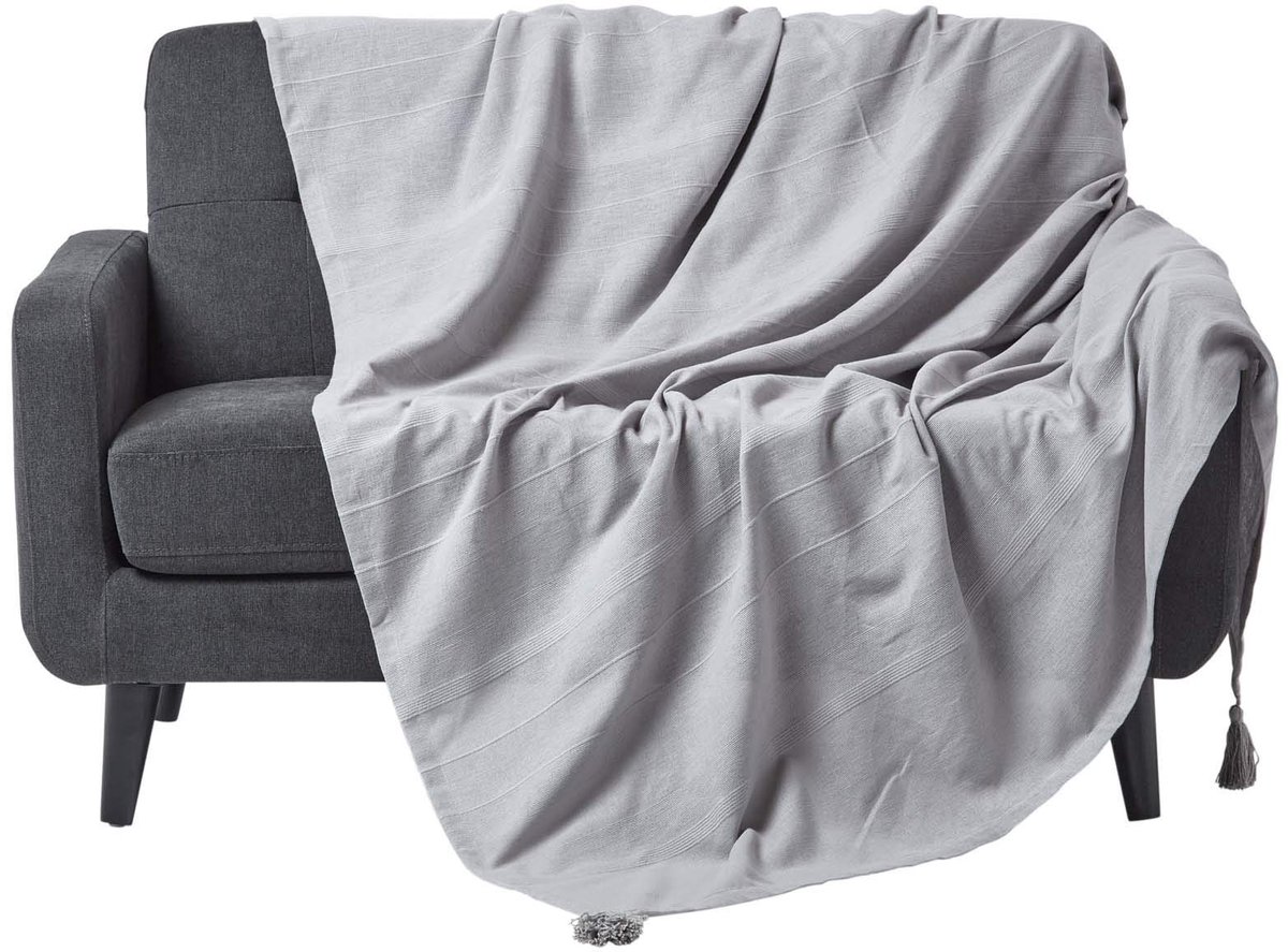 Woondeken Rajput lichtgrijs – lichte katoenen deken, 150 x 200 cm, sprei van 100% katoen, handgeweven met streepstructuur, bankovertrek met kwastjes, Oeko-Tex