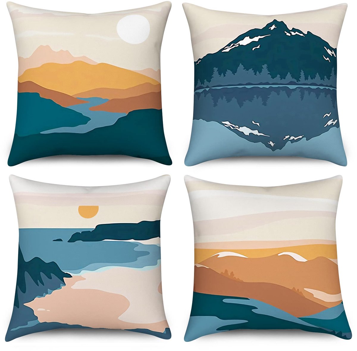 kussenslopen 40 x 40 cm, set van 4, Hnmdmyi abstracte berg zonsondergang zonsopgang decoratieve kussenhoezen midden eeuw moderne natuur landschap kunst linnen kussenslopen voor sofa bank bed home