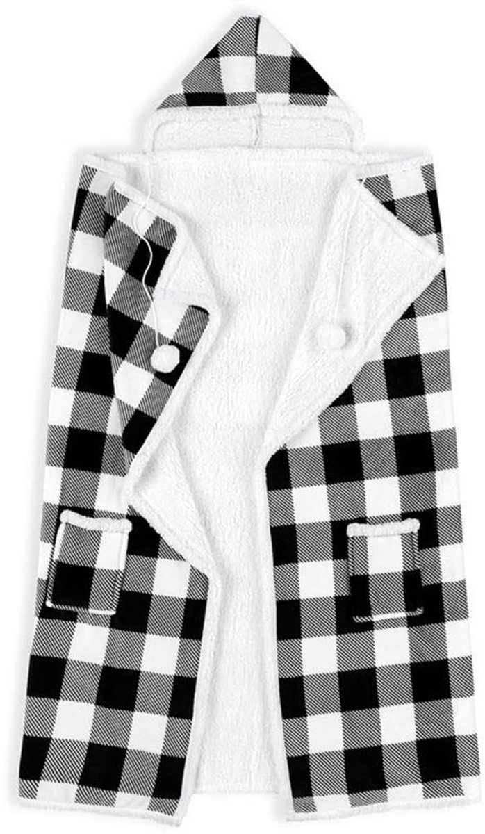 & Co. Premium draagbare capuchon voor volwassenen, dames en heren, 180 x 129,5 cm - superzacht, lichtgewicht, micropluche, gezellige en functionele deken (Buffalo Plaid White & Black),