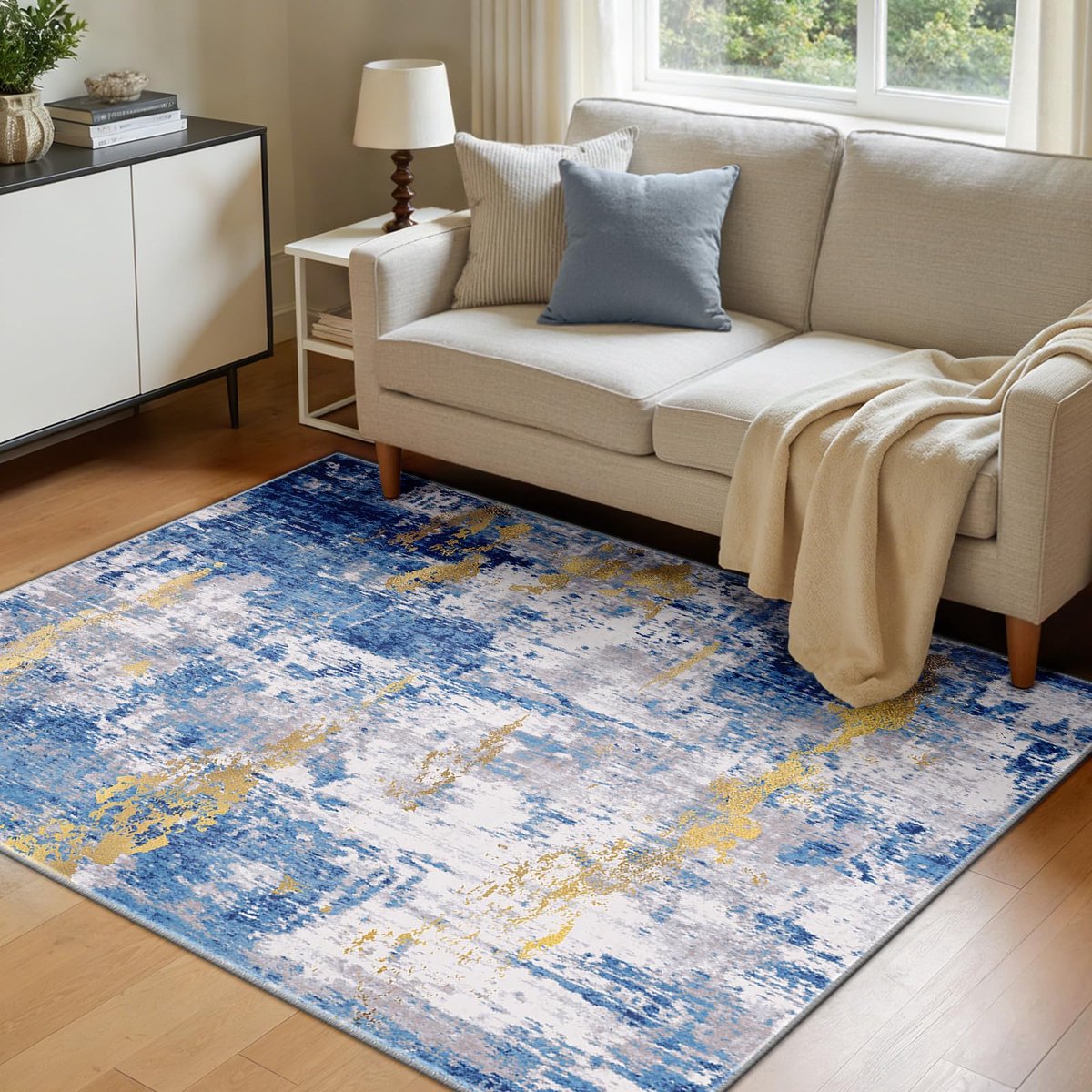Machinewasbare Tapijten 120x180 cm Moderne Abstracte Vloerkleed Laagpolig Antislip Tapijt met Print Patroon voor Woonkamer Slaapkamer Huiskontoor Binnenhuis Blauw/Goud