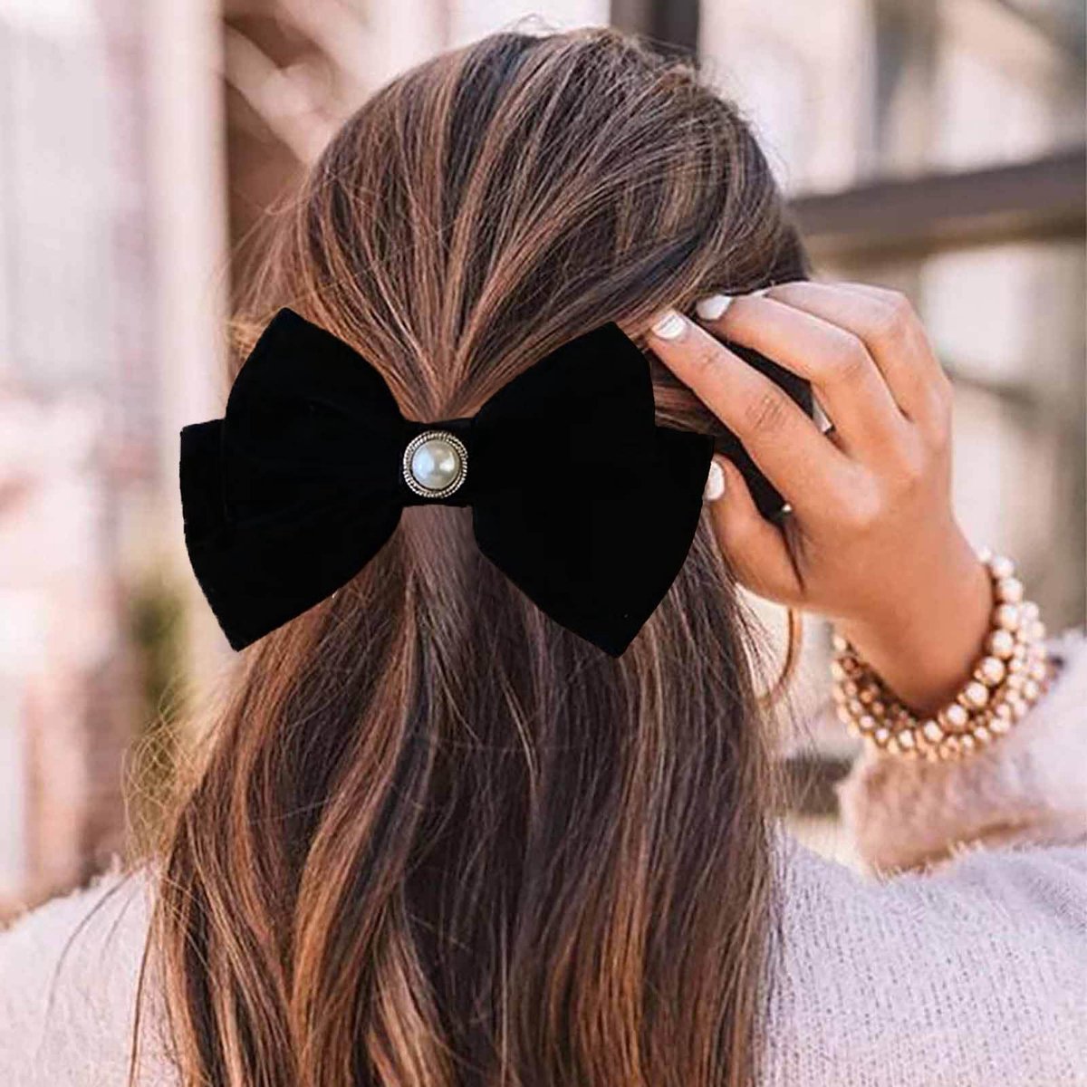 Haarspeldjes, zwarte satijnen strik, parels, haarspelden, fluweel, satijn, strik, Franse band, strik, haarspelden, grote strik, haaraccessoires