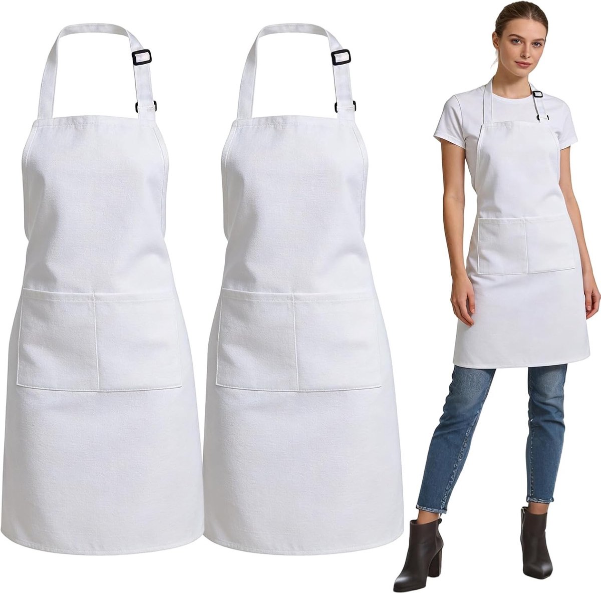 Set van 2 Witte Keuken Schorten voor Mannen en Vrouwen - Water- en Vetbestendig, Ideaal voor Restaurants en Koffiehuizen, One Size