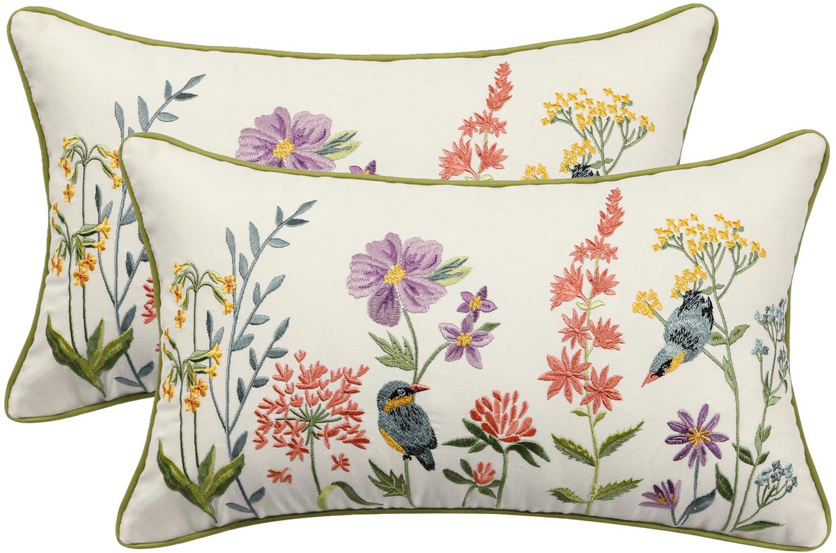 Geborduurde sierkussenslopen 30 x 50 cm pak van 2 vintage vogels met bloemen boerderij kussenslopen decoratieve kussenslopen woondecoratie vierkante bloemen kussensloop