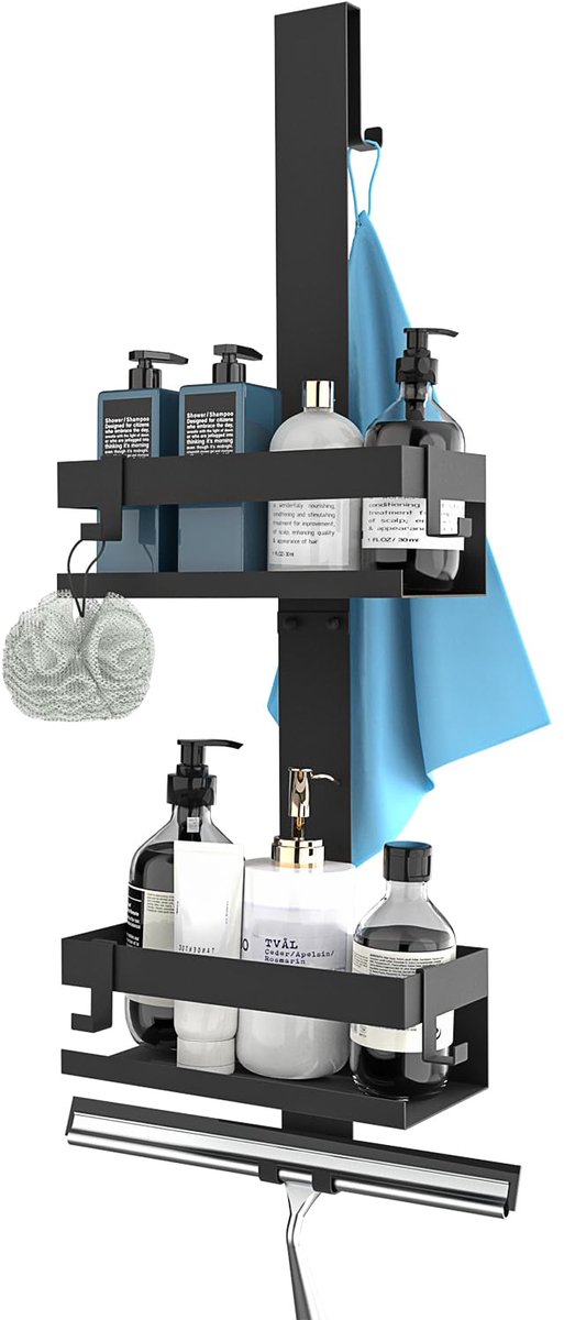Doucheplank om op te hangen, shampoo douchegelhouder voor douche, doucheplank van roestvrij staal SUS304 zonder boren voor frameloze glazen deur (stijl A (zwart))