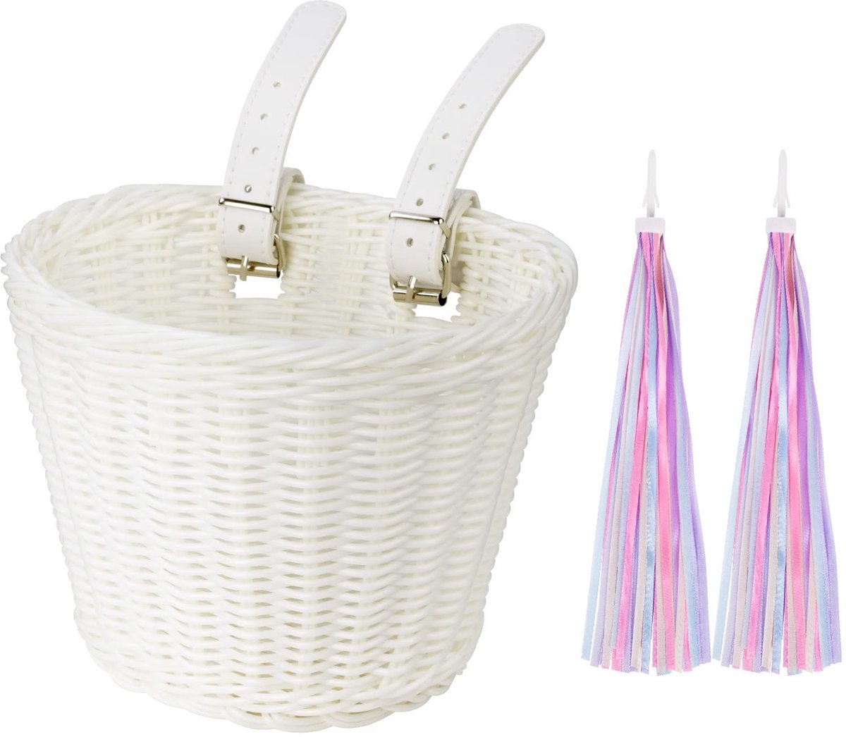 kinderfietsmand, handgeweven fietsmand, fietsmand, rieten mand, meisje, rotan mand, voor scooter, driewieler, wandelwagen met fietsaccessoires, eenvoudig te installeren, afneembaar, wit