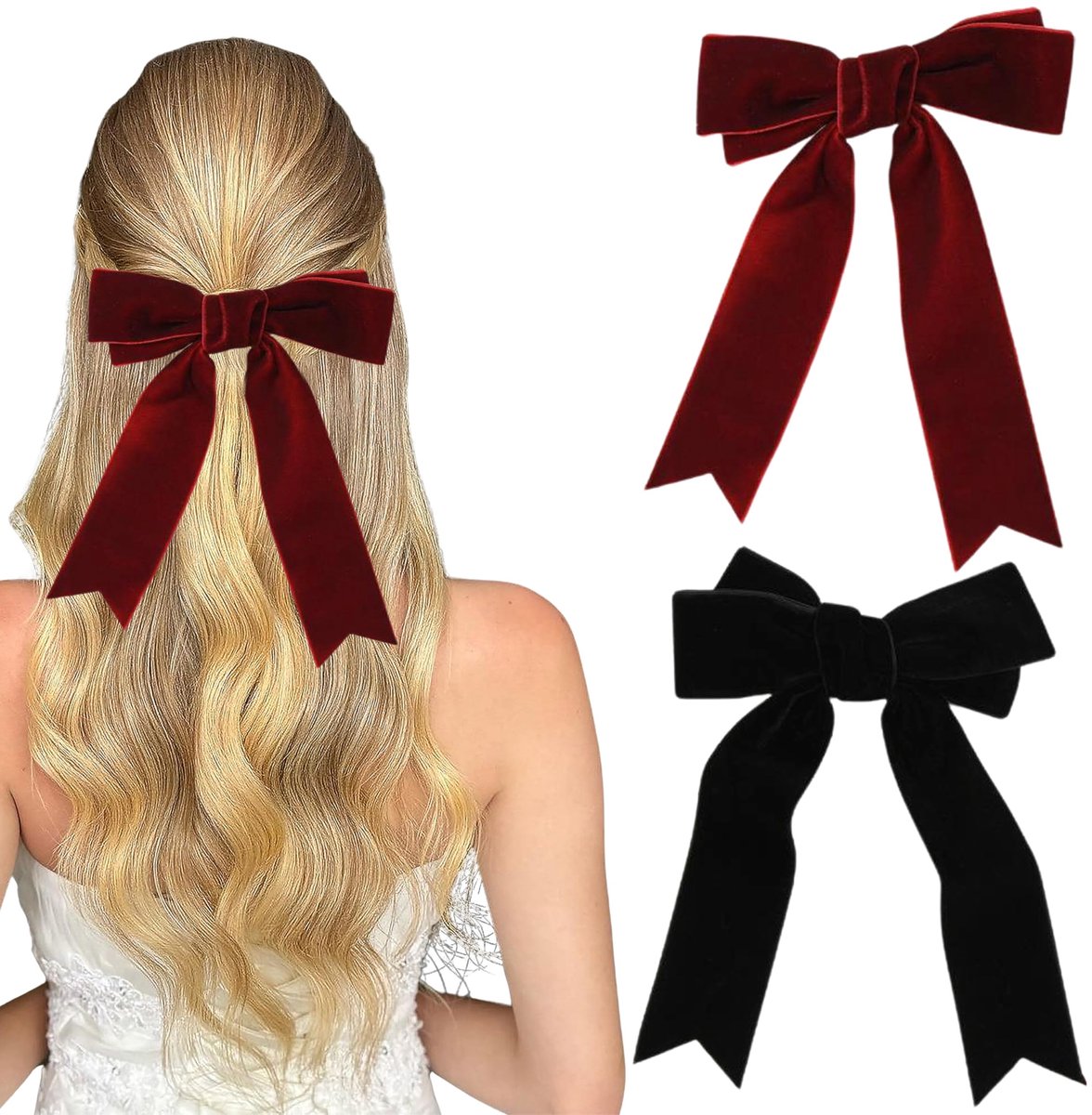 Haarspelden met grote strik, haaraccessoires voor vrouwen en meisjes, bruiloft, hoofdband, Kerstmis, verjaardag (zwart + wijnrood)