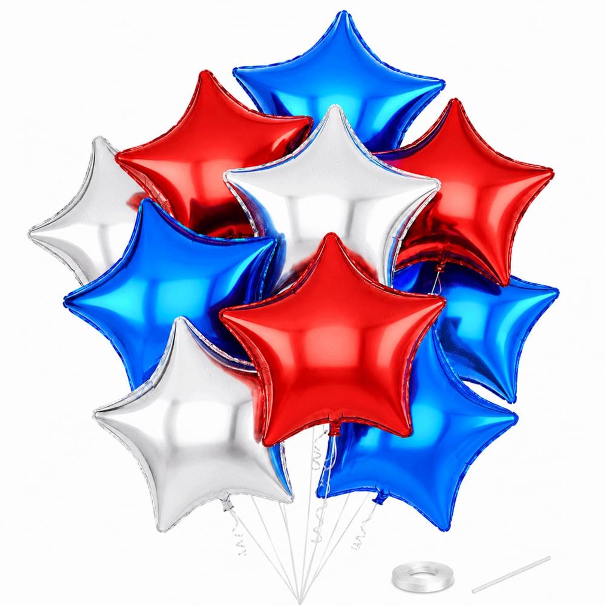Folieballonnen, 45,7 cm, rood, zilver, blauw, heliumballonnen, set met lint en rietje, sterballonnen voor verjaardag, bruiloft, oudejaarsavond, jubileum, afstudeerfeest en