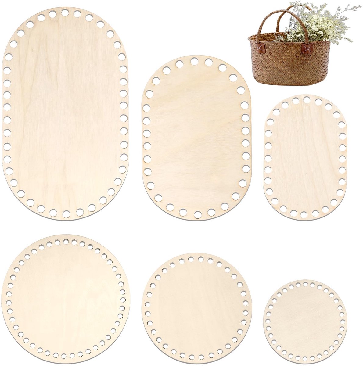 6 stuks mandbodem om te haken, houten bodem voor haken, mandbodem, set, boogig, ovaal en rond, voor doe-het-zelf handtas, mand, weefbenodigdheden, kunsthandwerk, huisdecoratie