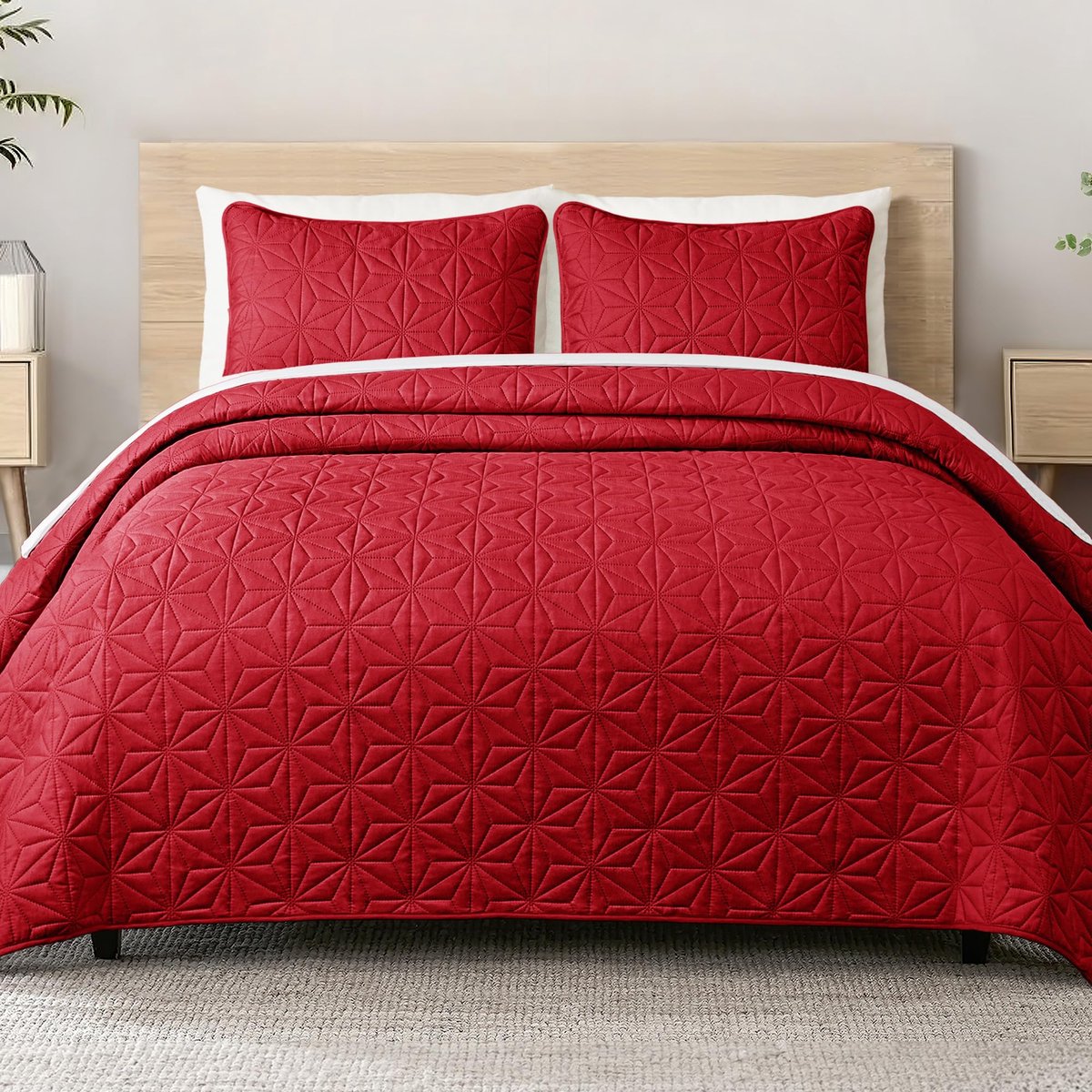 Flotilla Sprei, bedsprei, 260 x 280 cm, sprei met 2 kussenslopen, zacht en licht dekbed met geometrisch patroon voor 4 seizoenen, rood