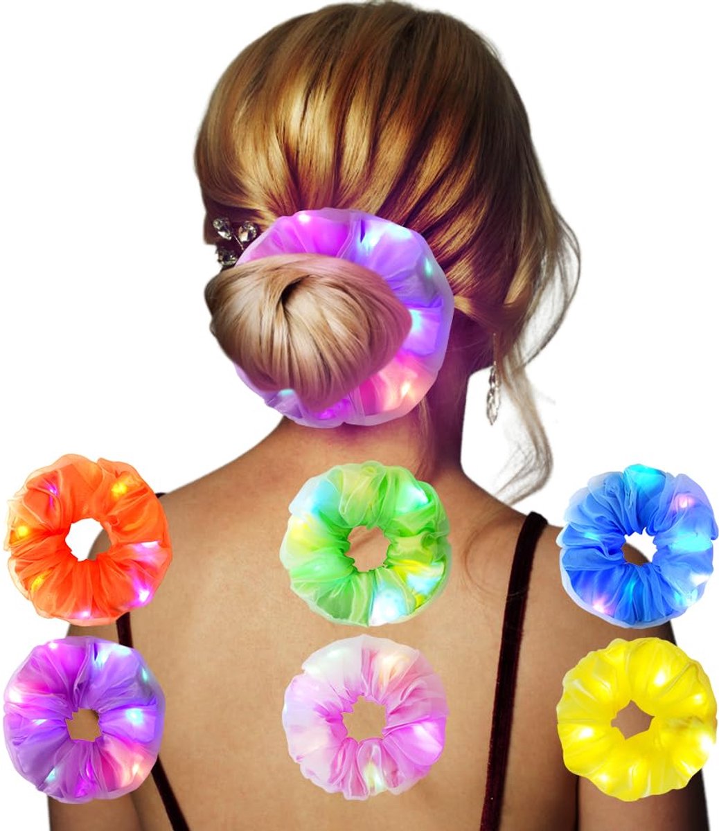 Elastiekjes, led-crunchies, 6 stuks, kleurrijke haarelastiekjes, oplichtend, voor meisjes/dames, voor sport, feest, verjaardag, vakantie, A