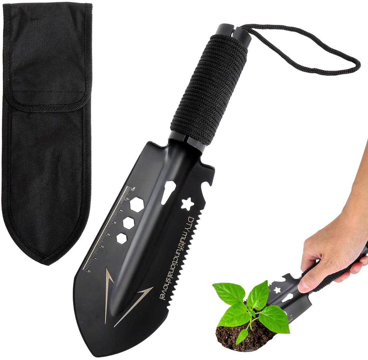 7-in-1 voor outdoor gebruik, multifunctionele schep met paracord-greep, klapschep design, flesopener, zeskantsleutelzaag voor auto, wandelen, survival en camping