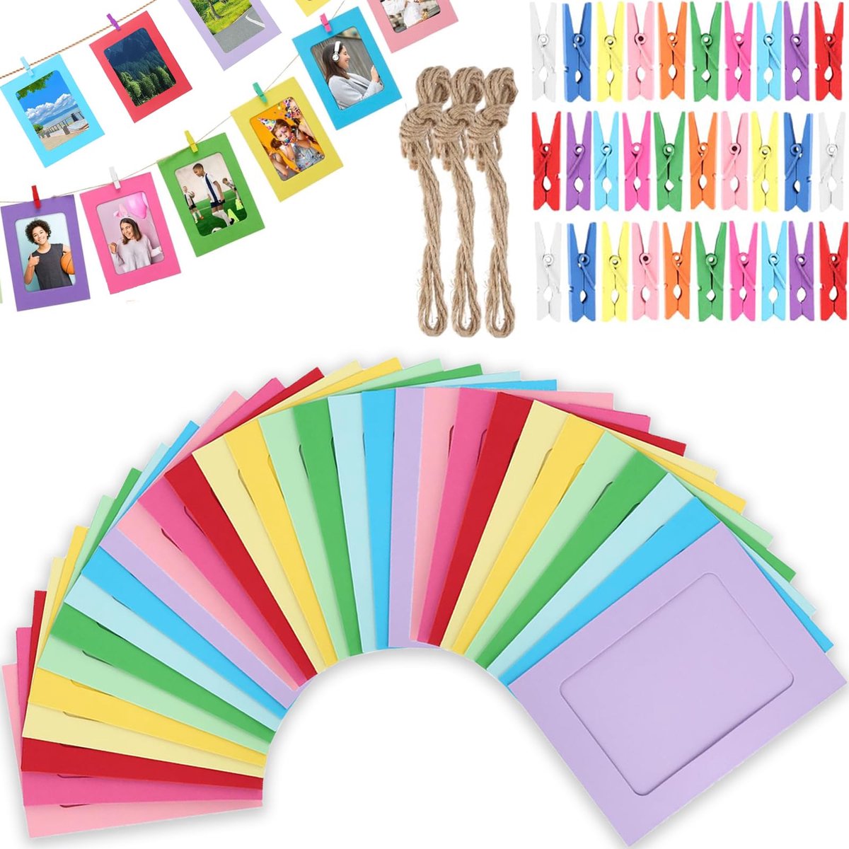fotolijst, 30 stuks kleurrijke papieren fotolijsten, 11,5 x 15,5 cm, kleurrijke fotoslinger, met fotolijst, clip, henneptouw, fotolijn met klemmen, foto's ophangen voor thuis, school, kantoor