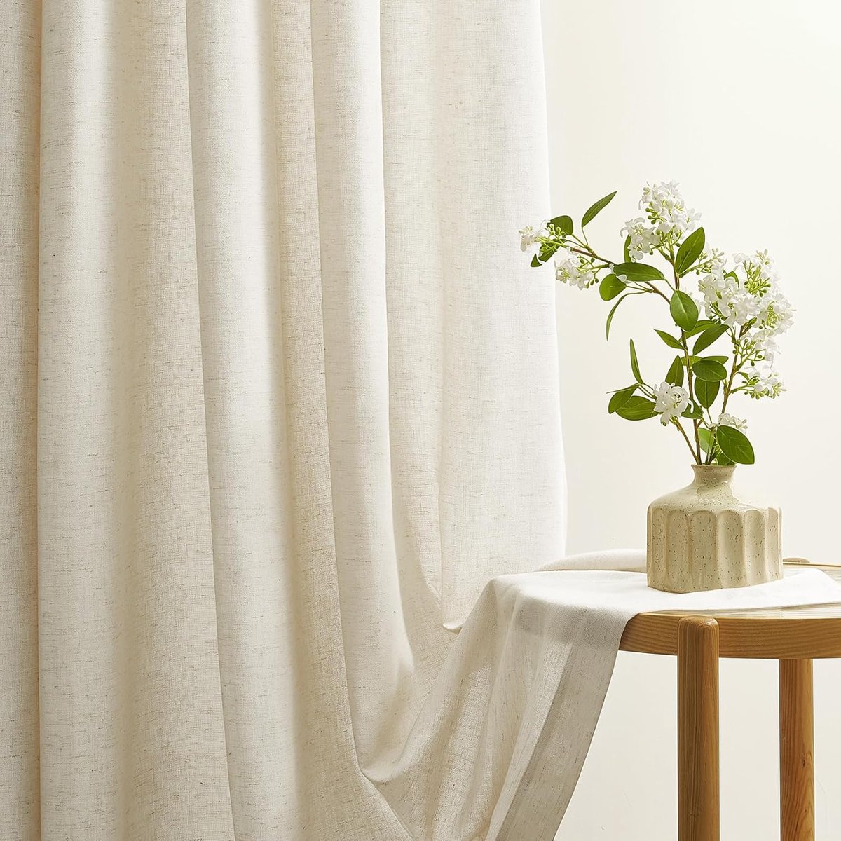 Boho Gordijnen Woonkamer Modern, Gordijn met Leinenlook en Ringen Beige Set van 2 H 240 x B 140 cm Voile Half-Transparant Gordijnen van Linnen en Katoen met Lussen Gordijnen Woonkamer
