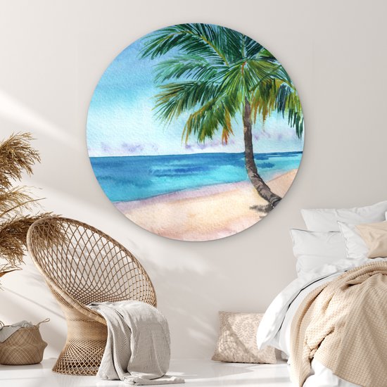 WallCircle® Wandcirkel 140x140 cm - Muurcirkel Zee - Palmboom - Strand - Muurdecoratie woonkamer - Wanddecoratie slaapkamer - Kamer decoratie accessoires - Ronde schilderijen