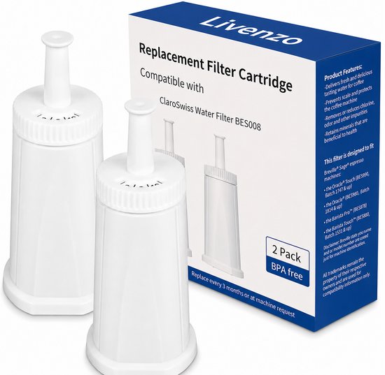 Doos met twee witte Livenzo waterfilterpatronen, compatibel met Sage Claro Swiss.