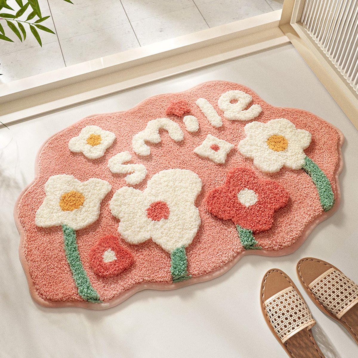 Badmat Glimlach Bloem 45 x 70 cm, Antislip Badkamermat van Zacht Polyester, Absorberende Douchemat Machinewasbaar, Decoratief Bloementapijt voor Badkamer