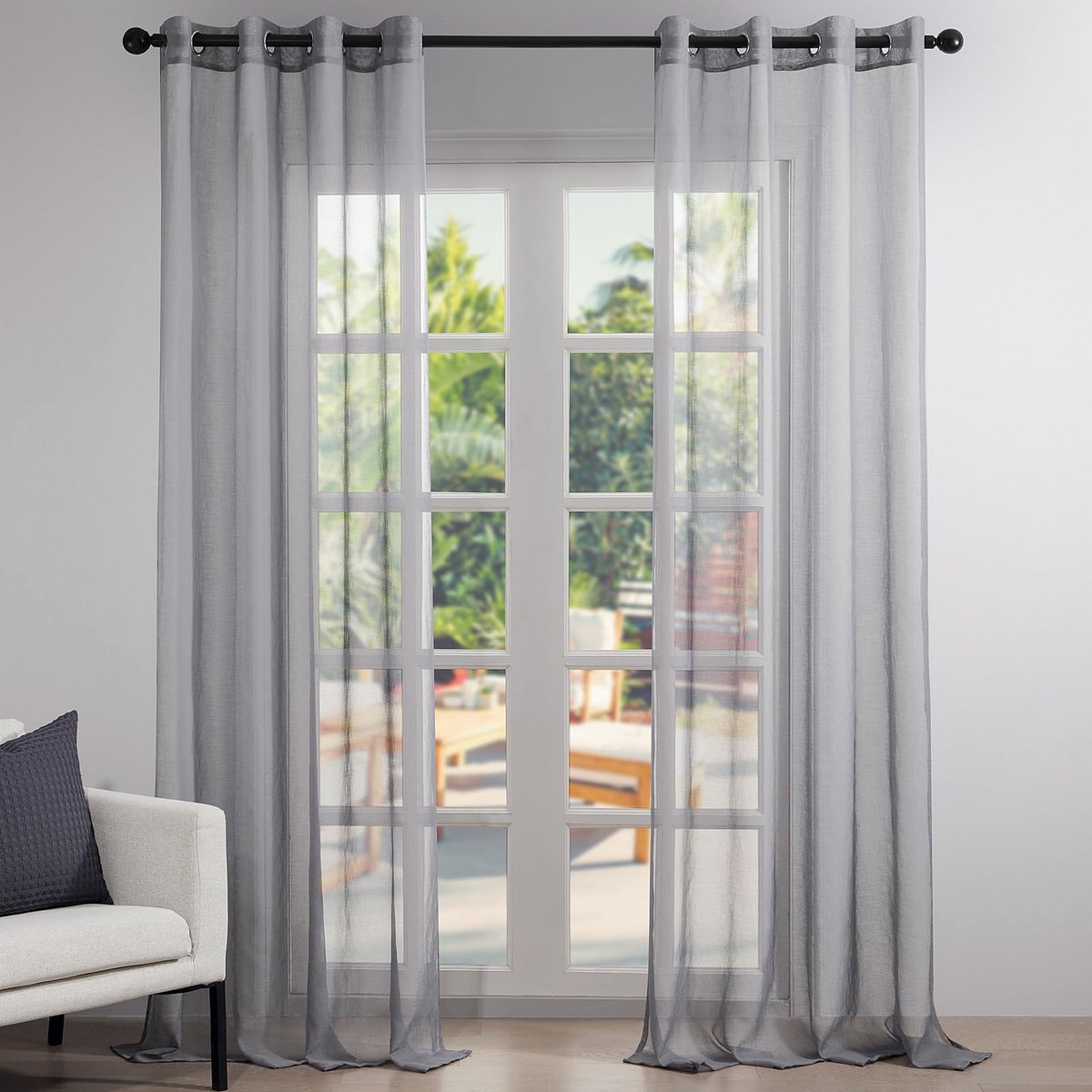 set van 2 vitrages grijs linneneffect - Met ogen gordijn decoratie slaapkamer, halftransparant voor woonkamer, gordijn keuken 140 x 225 cm (breedte x hoogte)