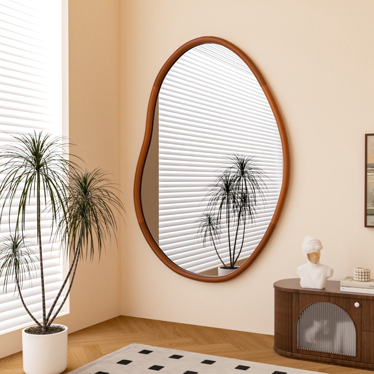 Artloge Asymmetrische Wandspiegel - Beukenhouten Lijst - design Spiegel voor Woonkamer - 74.3 x110cm