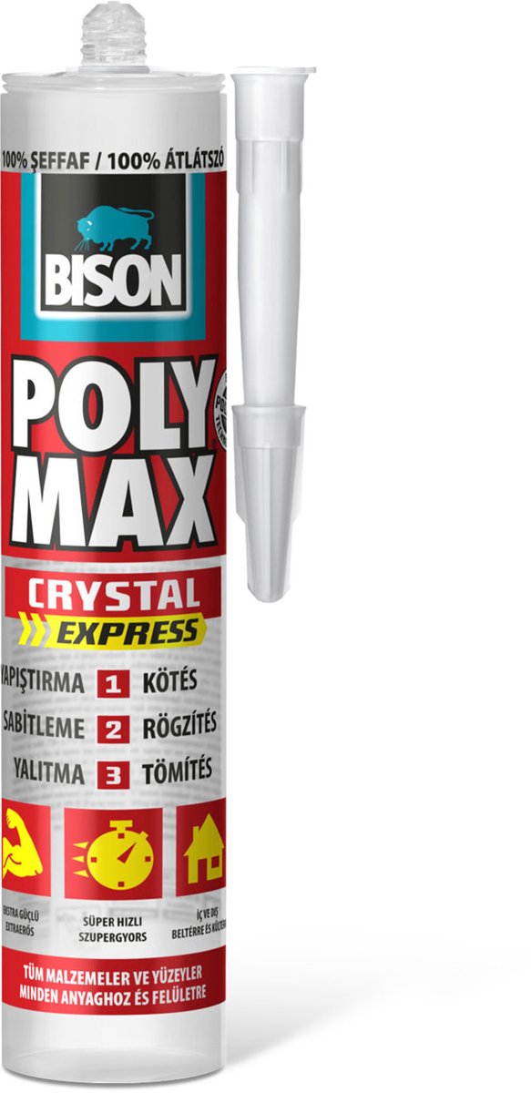 BISON Poly Max Crystal Express Transparant 300 g - Transparante Montagekit en Afdichtingskit - MS Polymeer Lijmkit - Waterproof - UV-Bestendig - Binnen en Buiten - Cartridge [B25015]