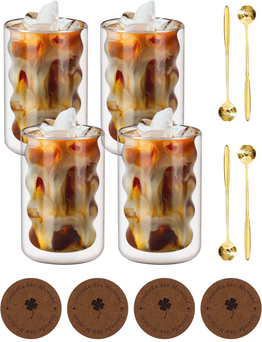 macchiato glazen set met 4 lepels en 4 onderzetters, 350 ml dubbelwandige glazen van borosilicaatglas als latte macchiato glazen thermoglazen koffieglazen dubbelwandig - veilig en hittebestendig