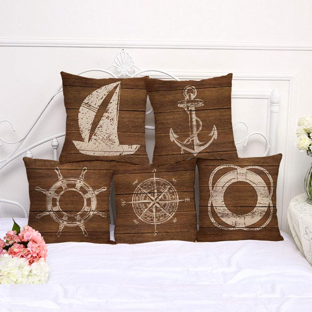 Kussensloop Vintage Nautical Windboat Anker Zeilboot Linnen Sofa Kussensloop voor Home Furnishing Sofa Auto Kussen 5 Stuks 45 * 45cm