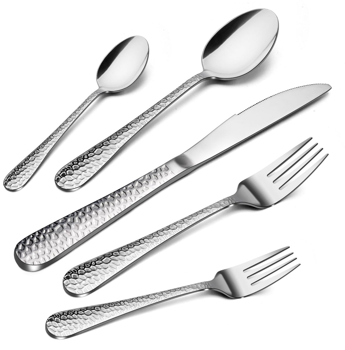 Bestekset voor 6 personen, 30-delige roestvrijstalen gehamerde bestekset met mes, vork, lepel, elegant eetbestek voor huis/feest/restaurant, hoogglans gepolijst en vaatwasmachinebestendig