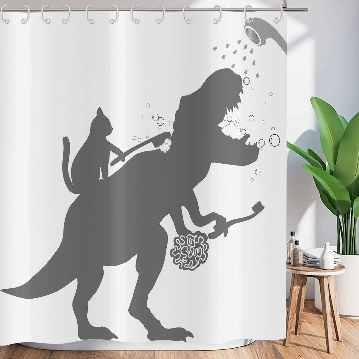 Douchegordijn, grappig, 120 x 180 cm, eenvoud, grappige kat, dinosaurus, wit, wasbaar, textiel, badkamergordijnen, polyester stof, waterdicht, met 8 douchegordijnhaken