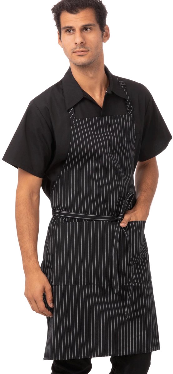 Works Slabbetje Schort, Zwart W/Wit krijtstreep, Eén maat