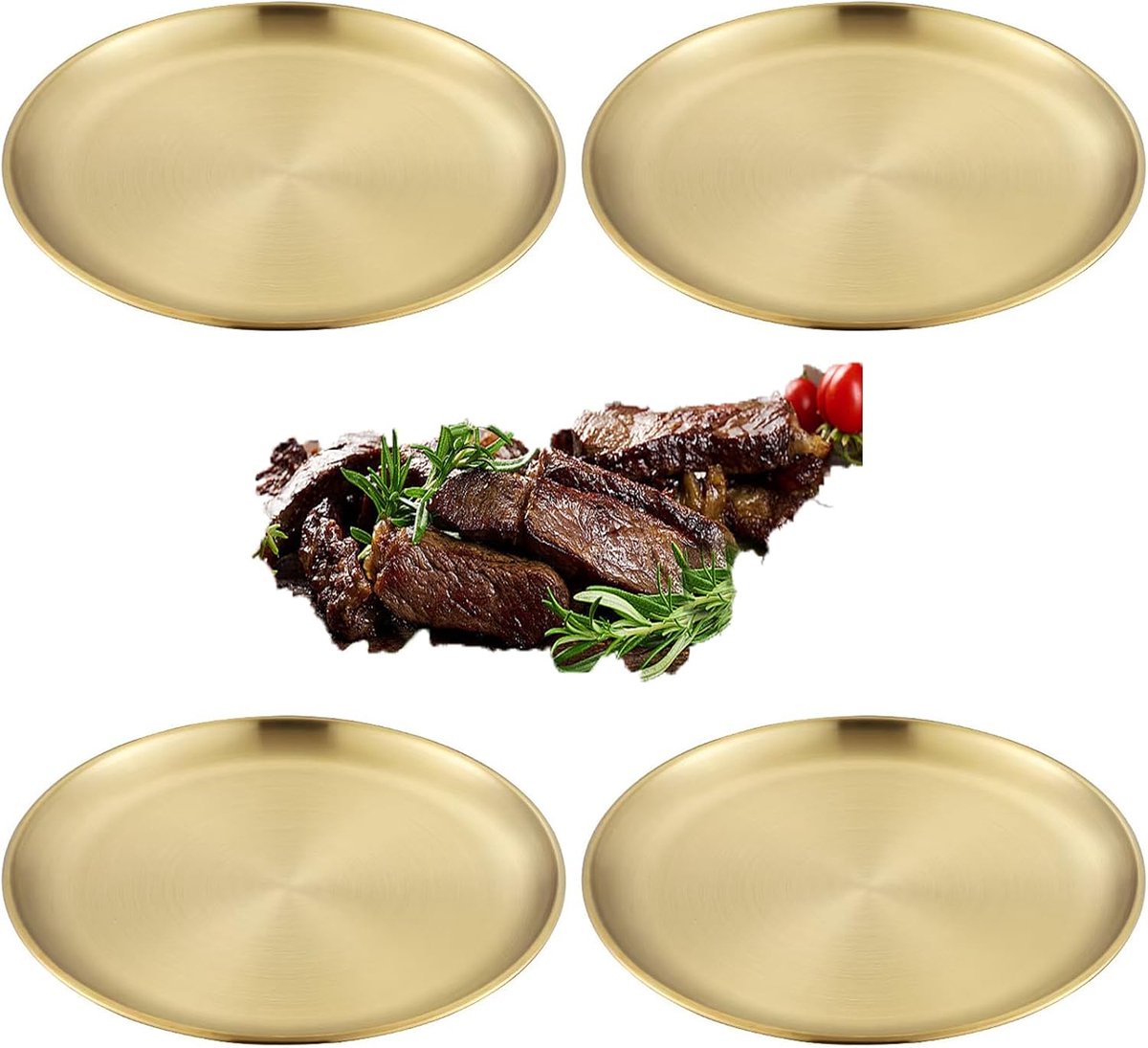 4 stuks rond dienblad, gouden platen, 20 cm, roestvrijstalen decoratieve borden, goud, roestvrijstalen borden, rond dienblad, klein, dienblad voor camping, picknick, keuken, barbecue, feest
