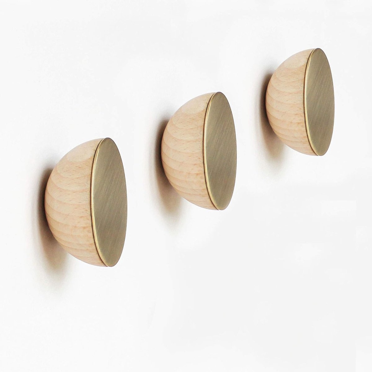 Set van 3 - Ø 5cm - Ronde Beukenhout & Goudkleurig Messing Kapstok/Jashaak/Knop