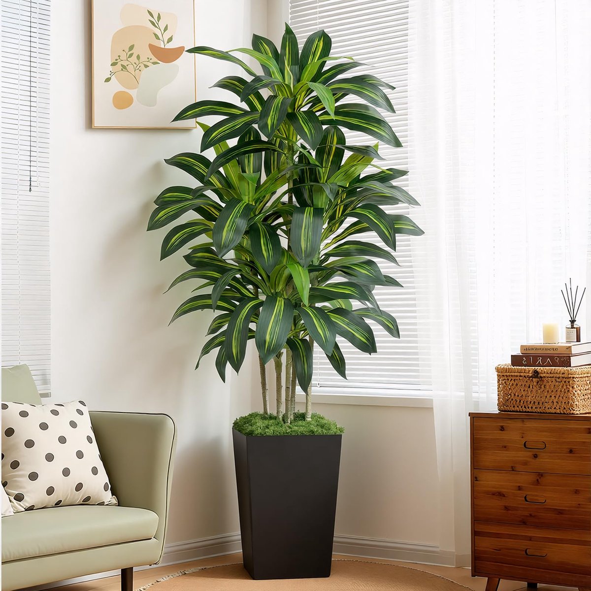 kunstmatige Dracaena-boom 15,8 cm - nepboom met zwarte hoge plantenbak - nepvloerplant voor binnen met realistische stam en bladeren voor thuis, kantoor, woonkamerdecoratie