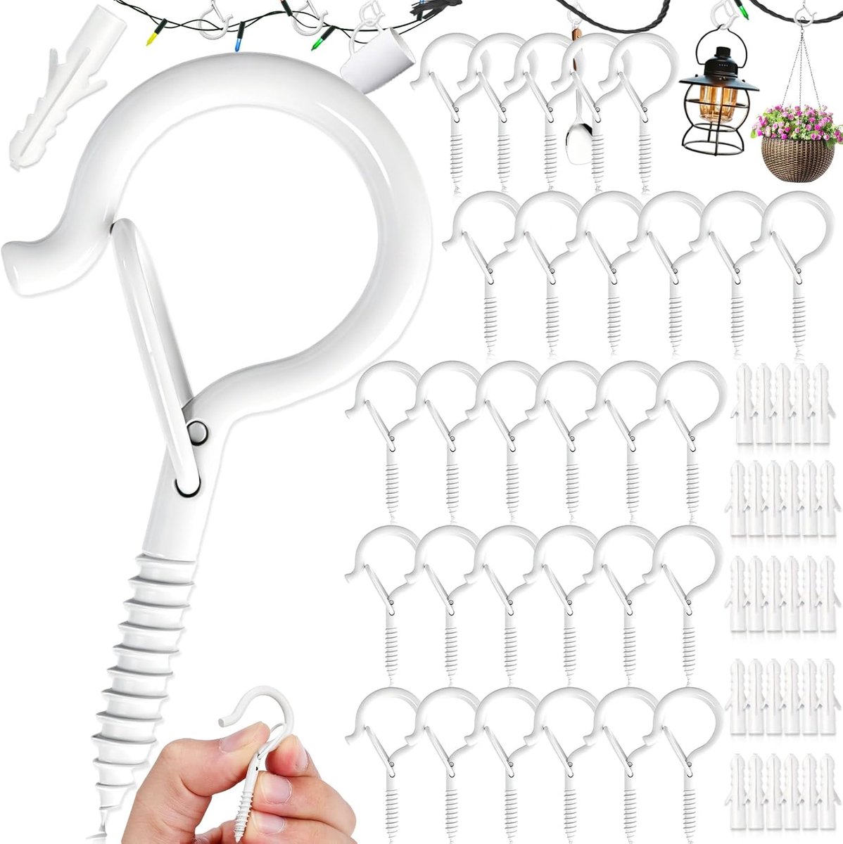 Haken, Schroefhaken met Veiligheidsdop, Roestvrijstalen S-chroefhaken, Haakschroeven met zekering, Muurschroefhaken voor Plantenmanden, Vogelhuisjes, Kerstverlichting(Wit)