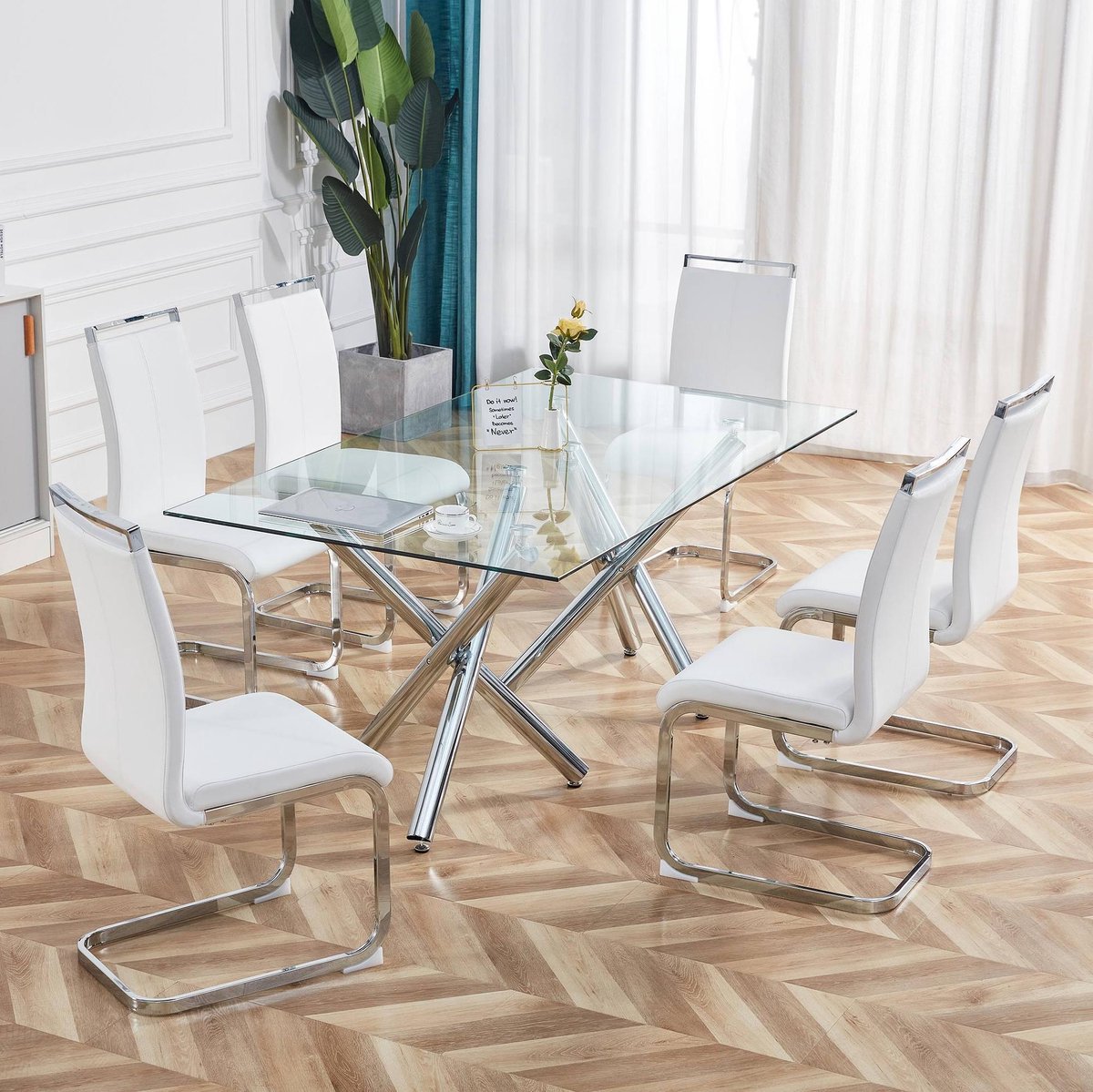 DESMIU Eetkamerstoel 42 x 54 x 100 cm - Set Van 4 Met Verchroomd Metalen Onderstel En Gewatteerde Zitting - Voor Eethoek - Kunstleer Wit