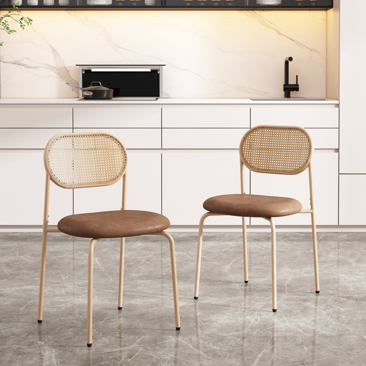 DESMIU Eetkamerstoel - Normale Eetkamerstoel - Set van 2 - Met Rotan Rugleuning En PU Zitting - Voor Eetkamer En Horeca - Bruin
