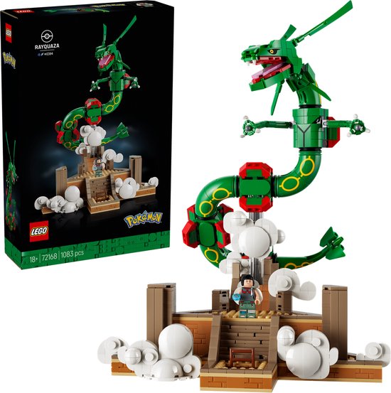 LEGO Rayquaza Pokémon bouwpakket 72168 met groene draak, bruin altaar en demonstratieafbeelding.