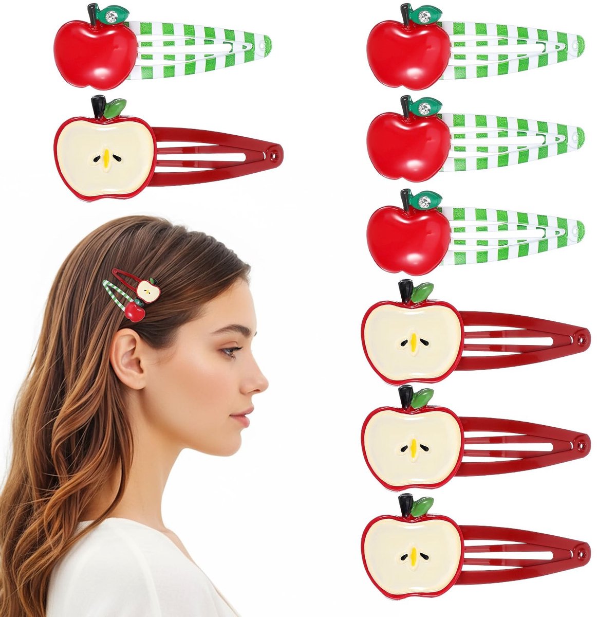 Dailygoods- Haarclip 8 Stuks - Appel Haarspeldjes - Decoratieve Accessoires - Strass Steentjes - Rood/Groen - Lichtgewicht Ijzer/Kunststof - Haarspeld
