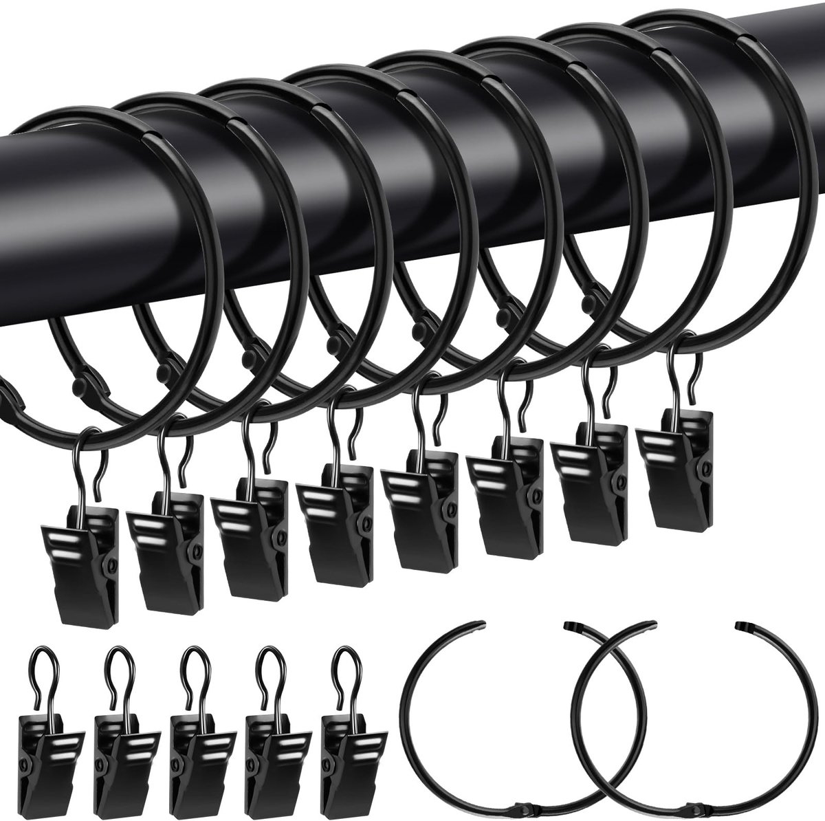 Dailygoods - 20 Stuks Metalen Gordijnringen met Clips - Zwart 50mm